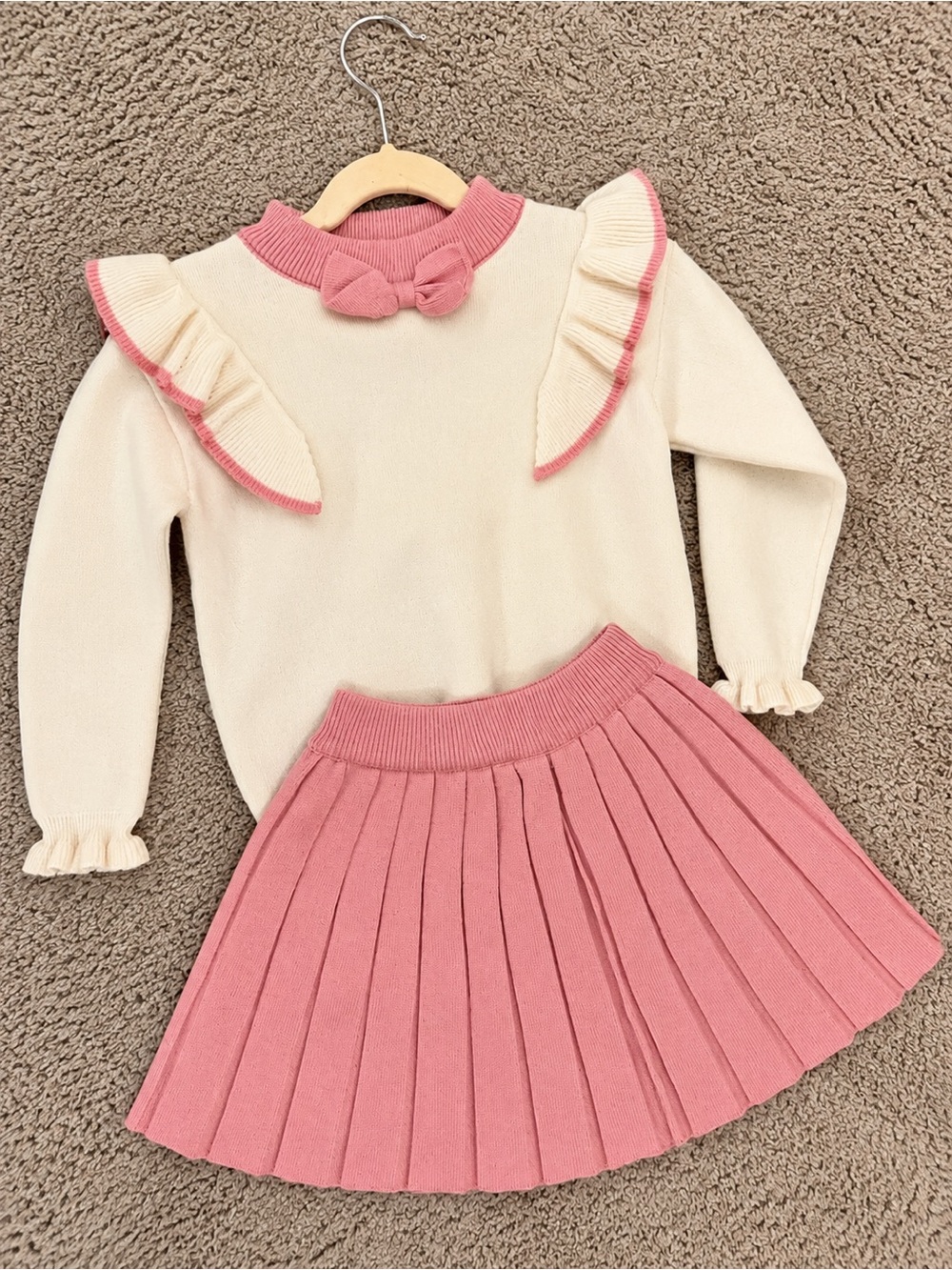 Nordstrom Cream Knit Ruffle Top & Pink Pleated Skirt Set
